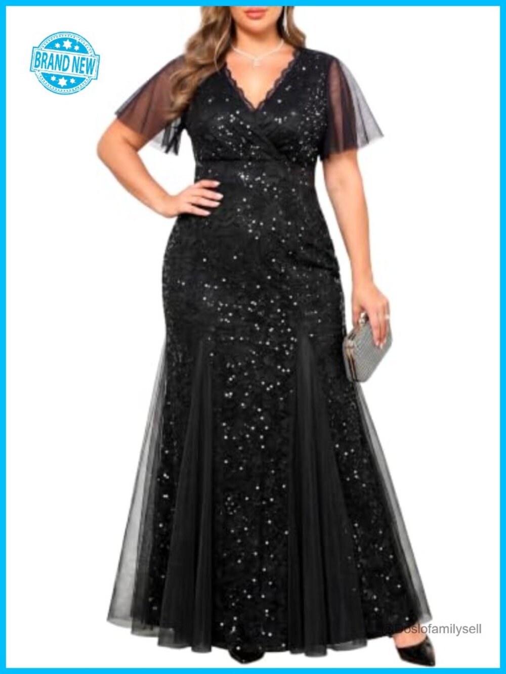Plus Size Lace Sequin Mermaid Formal Gown Wedding Guest Maxi Dress